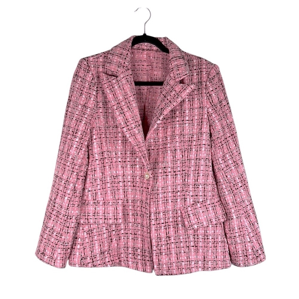 Shein Pink Black & White Tweed Business Career Classic Blazer Jacket Size Small - Picture 2 of 8